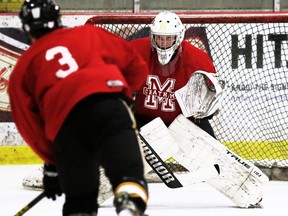 Chatham Maroons goalie Luka Dobrich prepares to face a shot during practice at Chatham Memorial Arena in Chatham, Ont., on Monday, April 25, 2022. (Mark Malone/Chatham Daily News/Postmedia Network)