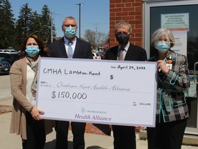The Canadian Mental Health Association Lambton Kent has donated $150,000 to the new 10-bed withdrawal management service coming to the Chatham-Kent Health Alliance. Seen from left are: Becky Bellavance, CMHA Lambton Kent board chair, Alan Stevenson, CMHA CEO and vice-president, CKHA Mental Health and Addictions, Alan Wilderman, CKHA board chair, and Lori Marshall, CKHA president and CEO. PHOTO Ellwood Shreve/Chatham Daily News