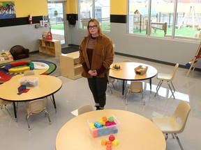 Rebecca Gardiner, supervisor of the brand new Ska:na Family Learning Centre in Chatham, stands in the toddler room that has plenty of room, but few children registered due to a shortage of early childhood educators. PHOTO Ellwood Shreve/Chatham Daily News