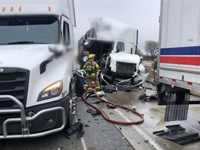 A 22-year-old London resident has been charged with careless driving by Chatham-Kent OPP in connection to a crash around noon Monday in a construction zone on Highway 401 near Tilbury that involved four commerical vehicles. PHOTO Supplied