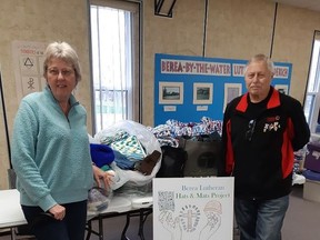 Another donation of handmade mats and hats will be taken to RCL Ontario Command for distribution to the homeless Veterans.(L) Heather Ball & Dennis Schmidt. Submitted
