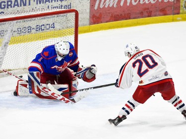 Cornwall Colts Aaron Shaw goes five-hole on Rockland Nationals goaltender Jack McGovern during the shootout on Thursday April 7, 2022 in Cornwall, Ont. That would be the winning goal, as the Colts won 2-1. Robert Lefebvre/Special to the Cornwall Standard-Freeholder/Postmedia Network