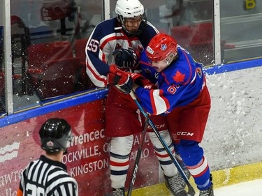Cornwall Colts affiliate player Jacob Knickle (No. 55), being taken into the boards by Rockland Nationals Callum Craft on Thursday April 7, 2022 in Cornwall, Ont. The Colts won 2-1 in the SO. Robert Lefebvre/Special to the Cornwall Standard-Freeholder/Postmedia Network
