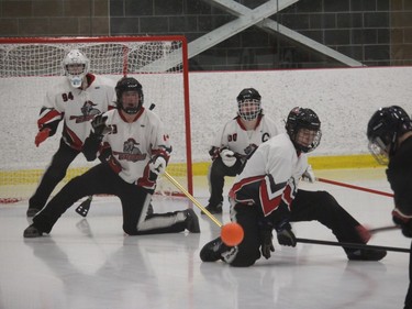 Eastern Warriors defenders in the line of fire during a battle of unbeaten teams at the juvenile broomball nationals. Photo on Friday, April 15, 2022, in Cornwall, Ont. Todd Hambleton/Cornwall Standard-Freeholder/Postmedia Network