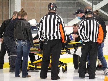 Jeremy Plourde Dubuc, with the Blitz Temiscouata juvenile boys team, was injured late in a Friday morning game at the broomball nationals, and was taken to hospital by paramedics.Photo on Friday, April 15, 2022, in Cornwall, Ont. Todd Hambleton/Cornwall Standard-Freeholder/Postmedia Network
