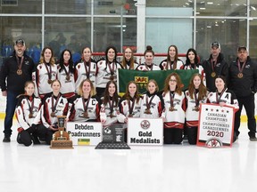 The national-champion Debden Roadrunners, from Saskatchewan, with tournament MVP and gold game MVP Marissa Skavlebo in bottom row, second from left. Photo on Saturday, April 16, 2022, in Cornwall, Ont. Robert Lefebvre/Special to the Cornwall Standard-Freeholder/Postmedia Network