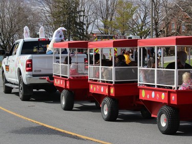 A train full of passengers on the parade route. Photo on Saturday, April 16, 2022, in Morrisburg, Ont. Todd Hambleton/Cornwall Standard-Freeholder/Postmedia Network