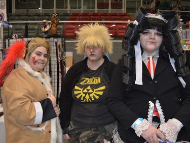 From left, Caydence Andre cosplaying as Hawk, Rebeka Menard cosplaying as Katsuki Bakugo, and Gage Bolduc cosplaying as Celecstial Lunenburg at CAPE 2022 on Saturday April 23, 2022 in Cornwall, Ont. Shawna O'Neill/Cornwall Standard-Freeholder/Postmedia Network
