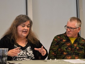 From left, Cornwall Transition+ members Carol Boileau, describing the different sizes of pots required for different vegetable plants, as presentation moderator Marc Ladoucer listens on Wednesday April 27, 2022 in Cornwall, Ont. Shawna O'Neill/Cornwall Standard-Freeholder/Postmedia Network