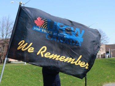 The United Food and Commercial Workers union flag flying at the National Day of Mourning in Lamoureux Park onThursday April 28, 2022 in Cornwall, Ont. Laura Dalton/Cornwall Standard-Freeholder/Postmedia Network