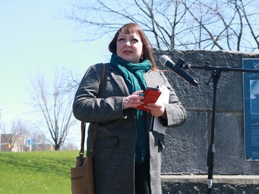 Natalie Mehra speaking on the National Day of Mourning at the worker's monument at Lamoureux Park on Thursday April 28, 2022 in Cornwall, Ont. Laura Dalton/Cornwall Standard-Freeholder/Postmedia Network