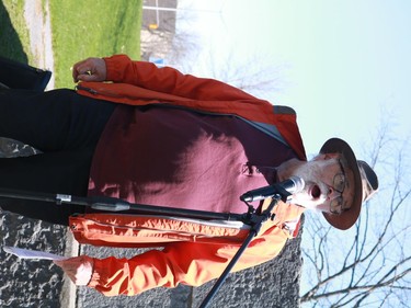 Bob Firth, husband to Louise Lanctot, singing "Solidarity" on the National Day of Mourning at the worker's monument in Lamoureux Park on Thursday April 28, 2022 in Cornwall, Ont. Laura Dalton/Cornwall Standard-Freeholder/Postmedia Network