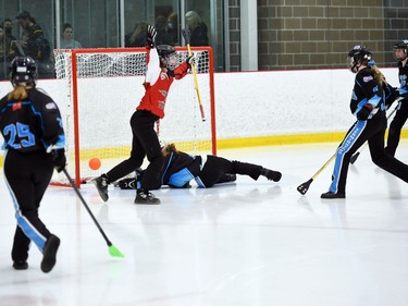 The Palmerston Terminator goaltender Chantel Embro just missing the ball as the Debden Roadrunners score in opening juvenile women's action at the 2022 Broomball Canada juvenile championships on Wednesday April 13, 2022 in Cornwall, Ont. The Roadrunners won 3-1. Robert Lefebvre/Special to the Cornwall Standard-Freeholder/Postmedia Network