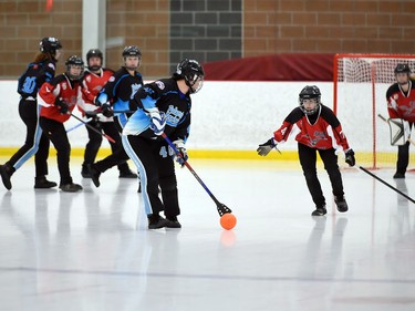 The Palmerston Terminator Naomi Beauchesne looks for a shot during play against the Debden Roadrunners in opening juvenile women's action at the 2022 Broomball Canada juvenile championships on Wednesday April 13, 2022 in Cornwall, Ont. The Roadrunners won 3-1. Robert Lefebvre/Special to the Cornwall Standard-Freeholder/Postmedia Network