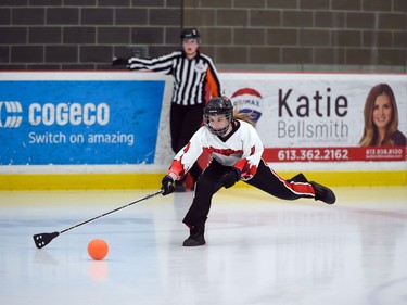 Seaway Devils Grace Henry reaches for the ball in her game against T-Miss during opening juvenile women's action at the 2022 Broomball Canada juvenile championships on Wednesday April 13, 2022 in Cornwall, Ont. The Devils won 2-0. Robert Lefebvre/Special to the Cornwall Standard-Freeholder/Postmedia Network