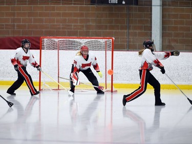 Seaway Devils goaltender Keely Zandbelt eyes the shot from T-Miss during opening juvenile women's action at the 2022 Broomball Canada juvenile championships on Wednesday April 13, 2022 in Cornwall, Ont. The Devils won 2-0. Robert Lefebvre/Special to the Cornwall Standard-Freeholder/Postmedia Network