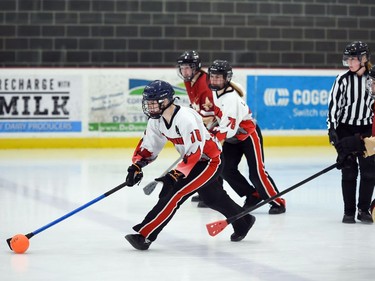 Seaway Devils Michaela Kunz with possession against T-Miss during opening juvenile women's action at the 2022 Broomball Canada juvenile championships on Wednesday April 13, 2022 in Cornwall, Ont. The Devils won 2-0. Robert Lefebvre/Special to the Cornwall Standard-Freeholder/Postmedia Network