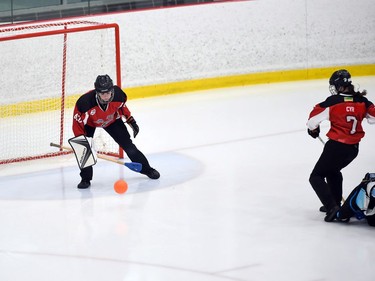 An easy stop for Debden Roadrunners goaltender Ayla Peterson during play against the Palmerston Terminator in opening juvenile women's action at the 2022 Broomball Canada juvenile championships on Wednesday April 13, 2022 in Cornwall, Ont. The Roadrunners won 3-1. Robert Lefebvre/Special to the Cornwall Standard-Freeholder/Postmedia Network