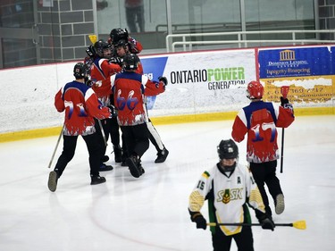 Bruno Axemen Dallen Jule, disappointed as Frost players celebrate a goal during opening juvenile men's action at the 2022 Broomball Canada juvenile championships on Wednesday April 13, 2022 in Cornwall, Ont. The Axemen won 2-1. Robert Lefebvre/Special to the Cornwall Standard-Freeholder/Postmedia Network