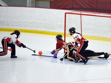 Seaway Devils Marika Leblanc tries to the ball past T-Miss goaltender Laurie Sirois during opening juvenile women's action at the 2022 Broomball Canada juvenile championships on Wednesday April 13, 2022 in Cornwall, Ont. The Devils won 2-0. Robert Lefebvre/Special to the Cornwall Standard-Freeholder/Postmedia Network