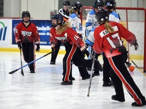 Seaway Devils Savanna Rochon celebrating a team goal during 2022 Broomball Canada Juvenile National Championships play against the Palmerston Terminator on Wednesday April 13, 2022 in Cornwall, Ont. The Devils won 2-0. Robert Lefebvre/Special to the Cornwall Standard-Freeholder/Postmedia Network