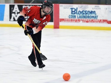 Seaway Devils Genevieve Ouellette shooting the ball during 2022 Broomball Canada Juvenile National Championships play against the Palmerston Terminator on Wednesday April 13, 2022 in Cornwall, Ont. The Devils won 2-0. Robert Lefebvre/Special to the Cornwall Standard-Freeholder/Postmedia Network