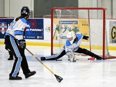 Palmerston Terminator goaltender Chantel Embro makes a save during 2022 Broomball Canada Juvenile National Championships play against the Seaway Devils on Wednesday April 13, 2022 in Cornwall, Ont. The Devils won 2-0. Robert Lefebvre/Special to the Cornwall Standard-Freeholder/Postmedia Network