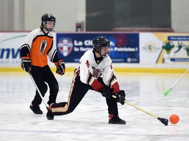 A Blitz player moving to control the ball during 2022 Broomball Canada Juvenile National Championships play against the Debden Speedballs on Wednesday April 13, 2022 in Cornwall, Ont. The Blitz won 2-0. Robert Lefebvre/Special to the Cornwall Standard-Freeholder/Postmedia Network