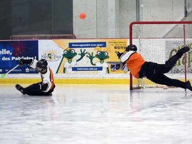 Debden Speedballs goaltender Connor Miskolczi diving after a save during 2022 Broomball Canada Juvenile National Championships play against the Blitz on Wednesday April 13, 2022 in Cornwall, Ont. The Blitz won 2-0. Robert Lefebvre/Special to the Cornwall Standard-Freeholder/Postmedia Network