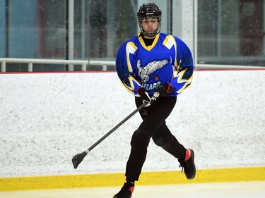 A Debden Roadrunners with her eye on the ball during 2022 Broomball Canada Juvenile National Championships play against the T-Miss on Wednesday April 13, 2022 in Cornwall, Ont. The Roadrunners won 3-2. Robert Lefebvre/Special to the Cornwall Standard-Freeholder/Postmedia Network