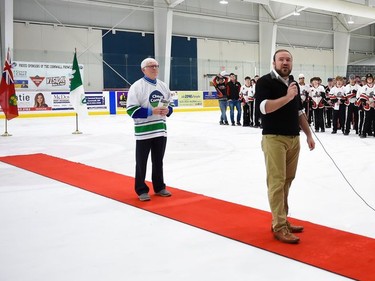 Stormont-Dundas-South Glengarry MP Eric Duncan brings greetings to the 2022 Broomball Canada Juvenile National Championships opening ceremonies on Thursday April 14, 2022 in Cornwall, Ont. Cornwall Mayor Glen Grant is behind, awaiting his turn. Robert Lefebvre/Special to the Cornwall Standard-Freeholder/Postmedia Network