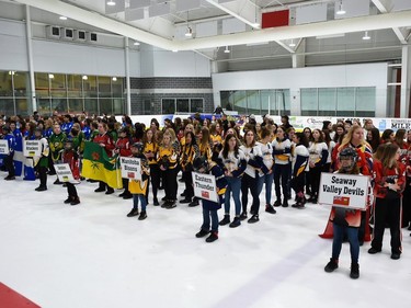 Teams in the women's divisions lined up for 2022 Broomball Canada Juvenile National Championships opening ceremonies on Thursday April 14, 2022 in Cornwall, Ont. Robert Lefebvre/Special to the Cornwall Standard-Freeholder/Postmedia Network