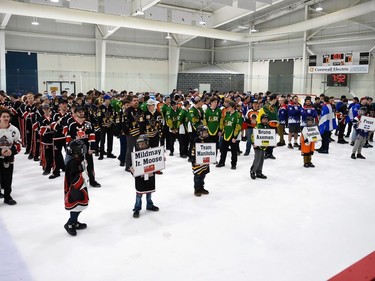 Teams in the men's divisions lined up for 2022 Broomball Canada Juvenile National Championships opening ceremonies on Wednesday April 13, 2022 in Cornwall, Ont. Robert Lefebvre/Special to the Cornwall Standard-Freeholder/Postmedia Network