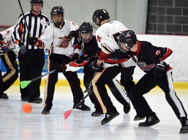 A nice symmetrical line of players and the ref during the gold-medal between the Blitz and Warriors at the 2022 Broomball Canada National Juvenile Championship on Saturday April 16, 2022 in Cornwall, Ont. The Blitz won 3-0. Robert Lefebvre/Special to the Cornwall Standard-Freeholder/Postmedia Network