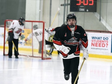 Warriors Malcolm Squires runs to the bench during the gold-medal win against the Blitz at the 2022 Broomball Canada National Juvenile Championship on Saturday April 16, 2022 in Cornwall, Ont. The Blitz won 3-0. Robert Lefebvre/Special to the Cornwall Standard-Freeholder/Postmedia Network