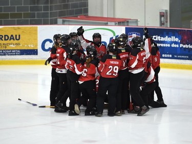 Debden Roadrunners players celebrate their gold-medal win against the Eastern Thunder at the 2022 Broomball Canada National Juvenile Championship on Saturday April 16, 2022 in Cornwall, Ont. The Roadrunners won 3-0. Robert Lefebvre/Special to the Cornwall Standard-Freeholder/Postmedia Network
