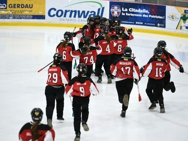 Debden Roadrunners players pile onto the ice to celebrate their gold-medal win against the Eastern Thunder at the 2022 Broomball Canada National Juvenile Championship on Saturday April 16, 2022 in Cornwall, Ont. The Roadrunners won 3-0. Robert Lefebvre/Special to the Cornwall Standard-Freeholder/Postmedia Network