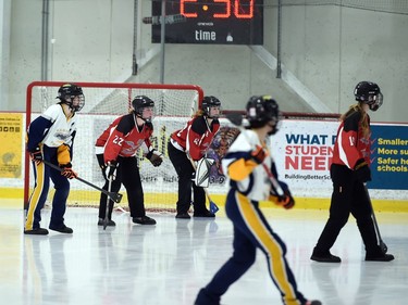 Debden Roadrunners and Eastern Thunder players eyeing the play to the left of the crease during the gold-medal match at the 2022 Broomball Canada National Juvenile Championship on Saturday April 16, 2022 in Cornwall, Ont. The Roadrunners won 3-0. Robert Lefebvre/Special to the Cornwall Standard-Freeholder/Postmedia Network