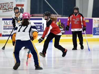 Debden Roadrunners Marissa Skavlebo runs the ball during he gold-medal match against the Eastern Thunder at the 2022 Broomball Canada National Juvenile Championship on Saturday April 16, 2022 in Cornwall, Ont. The Roadrunners won 3-0. Robert Lefebvre/Special to the Cornwall Standard-Freeholder/Postmedia Network