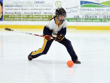 An Eastern Thunder player takes a whack at the ball during the gold-medal match against the Debden Roadrunners at the 2022 Broomball Canada National Juvenile Championship on Saturday April 16, 2022 in Cornwall, Ont. The Roadrunners won 3-0. Robert Lefebvre/Special to the Cornwall Standard-Freeholder/Postmedia Network