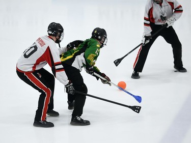 Mildmay Jr. Moose Preston Rhody keeps tabs on Bruno Axemen Liam Ludwig during the bronze-medal match at the 2022 Broomball Canada National Juvenile Championship on Saturday April 16, 2022 in Cornwall, Ont. The Jr. Moose won 3-1. Robert Lefebvre/Special to the Cornwall Standard-Freeholder/Postmedia Network