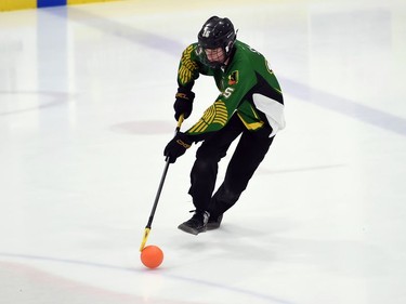 Bruno Dallen Jule with the ball, during the bronze-medal match against the Mildmay Jr. Moose at the 2022 Broomball Canada National Juvenile Championship on Saturday April 16, 2022 in Cornwall, Ont. The Jr. Moose won 3-1. Robert Lefebvre/Special to the Cornwall Standard-Freeholder/Postmedia Network