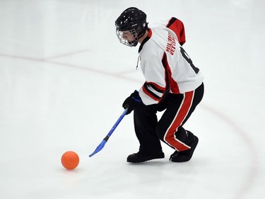 Mildmay Jr. Moose Owen Garland with the ball during play against the Bruno Axemen in the bronze-medal match at the 2022 Broomball Canada National Juvenile Championship on Saturday April 16, 2022 in Cornwall, Ont. The Jr. Moose won 3-1. Robert Lefebvre/Special to the Cornwall Standard-Freeholder/Postmedia Network
