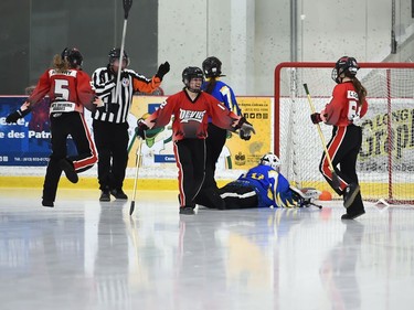 Seaway Devils Alexane Paquette, centre, celebrates her game-winning goal against the Blizzard during the bronze-medal match at the 2022 Broomball Canada National Juvenile Championship on Saturday April 16, 2022 in Cornwall, Ont. The Devils won 1-0. Robert Lefebvre/Special to the Cornwall Standard-Freeholder/Postmedia Network