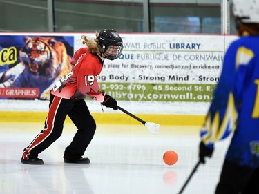 Seaway Devils Kayla Derouchie, left, has possession as Blizzard Jenessa Gull watches during the bronze-medal match at the 2022 Broomball Canada National Juvenile Championship on Saturday April 16, 2022 in Cornwall, Ont. The Devils won 1-0. Robert Lefebvre/Special to the Cornwall Standard-Freeholder/Postmedia Network