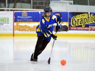 A Blizzard player handles the ball during the bronze-medal match against the Seaway Devils at the 2022 Broomball Canada National Juvenile Championship on Saturday April 16, 2022 in Cornwall, Ont. The Devils won 1-0. Robert Lefebvre/Special to the Cornwall Standard-Freeholder/Postmedia Network