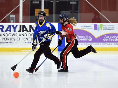 Seaway Devils Michaela Kunz, right, chases down a Blizzard player during the bronze-medal match at the 2022 Broomball Canada National Juvenile Championship on Saturday April 16, 2022 in Cornwall, Ont. The Devils won 1-0. Robert Lefebvre/Special to the Cornwall Standard-Freeholder/Postmedia Network