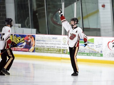 Blitz player Cédric Blais celebrates his unassisted goal against the Warriors during the gold-medal game at the 2022 Broomball Canada National Juvenile Championship on Saturday April 16, 2022 in Cornwall, Ont. The Blitz won 3-0. Robert Lefebvre/Special to the Cornwall Standard-Freeholder/Postmedia Network