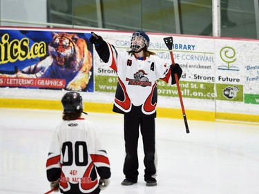A Warriors player Brody Villeneuve celebrates his overtime goal over the Frost in Broomball Canada National Juvenile Championship play on Thursday April 14, 2022 in Cornwall, Ont. The Warriors won 3-2. Robert Lefebvre/Special to the Cornwall Standard-Freeholder/Postmedia Network