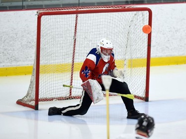 Frost goaltender Justin Kiopini watches the Warriors rebound in Broomball Canada National Juvenile Championship play on Thursday April 14, 2022 in Cornwall, Ont. The Warriors won 3-2. Robert Lefebvre/Special to the Cornwall Standard-Freeholder/Postmedia Network